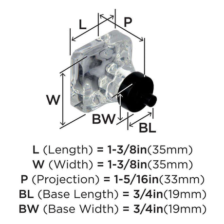 AMEROCK Glacio 1-3/8" Length Glass Square Cabinet Knob in Clear and Black Bronze BP36651CBBR Specs