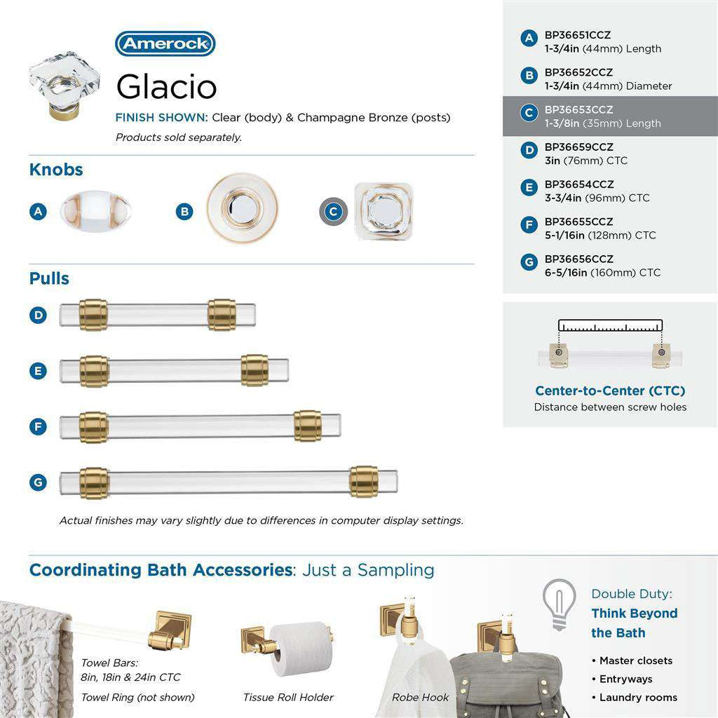 AMEROCK Glacio 1-3/8" Length Glass Square Cabinet Knob in Clear and Champagne Bronze BP36653CCZ Collection