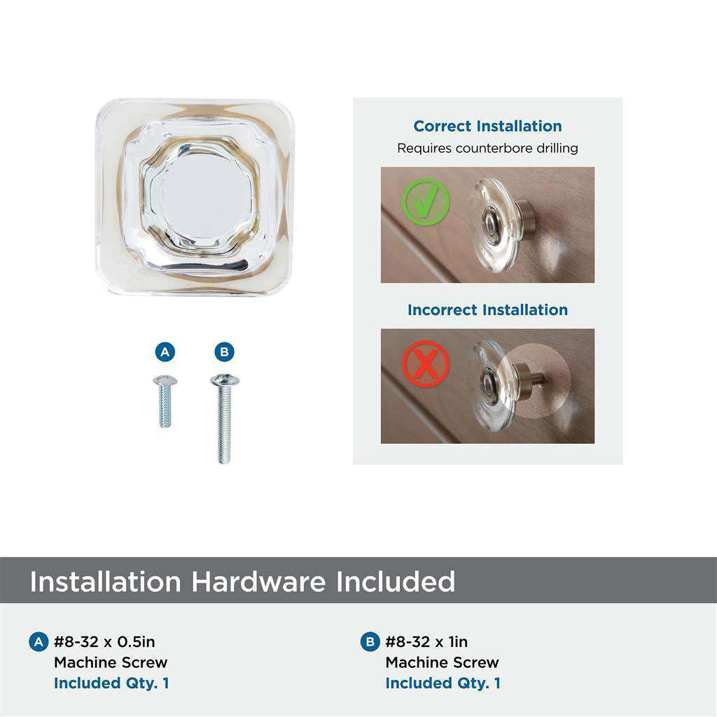 AMEROCK Glacio 1-3/8" Length Glass Square Cabinet Knob in Clear and Champagne Bronze BP36653CCZ Installation Hardware