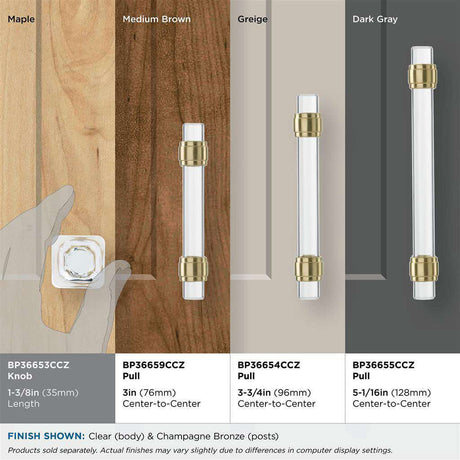 AMEROCK Glacio 1-3/8" Length Glass Square Cabinet Knob in Clear and Champagne Bronze BP36653CCZ on Finishes