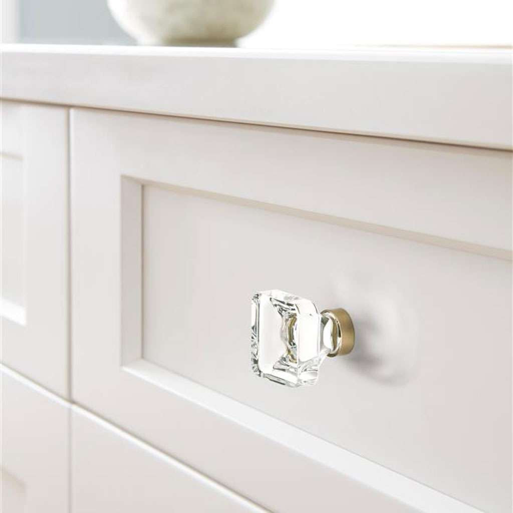 AMEROCK Glacio 1-3/8" Length Glass Square Cabinet Knob in Clear and Champagne Bronze BP36653CCZ on White