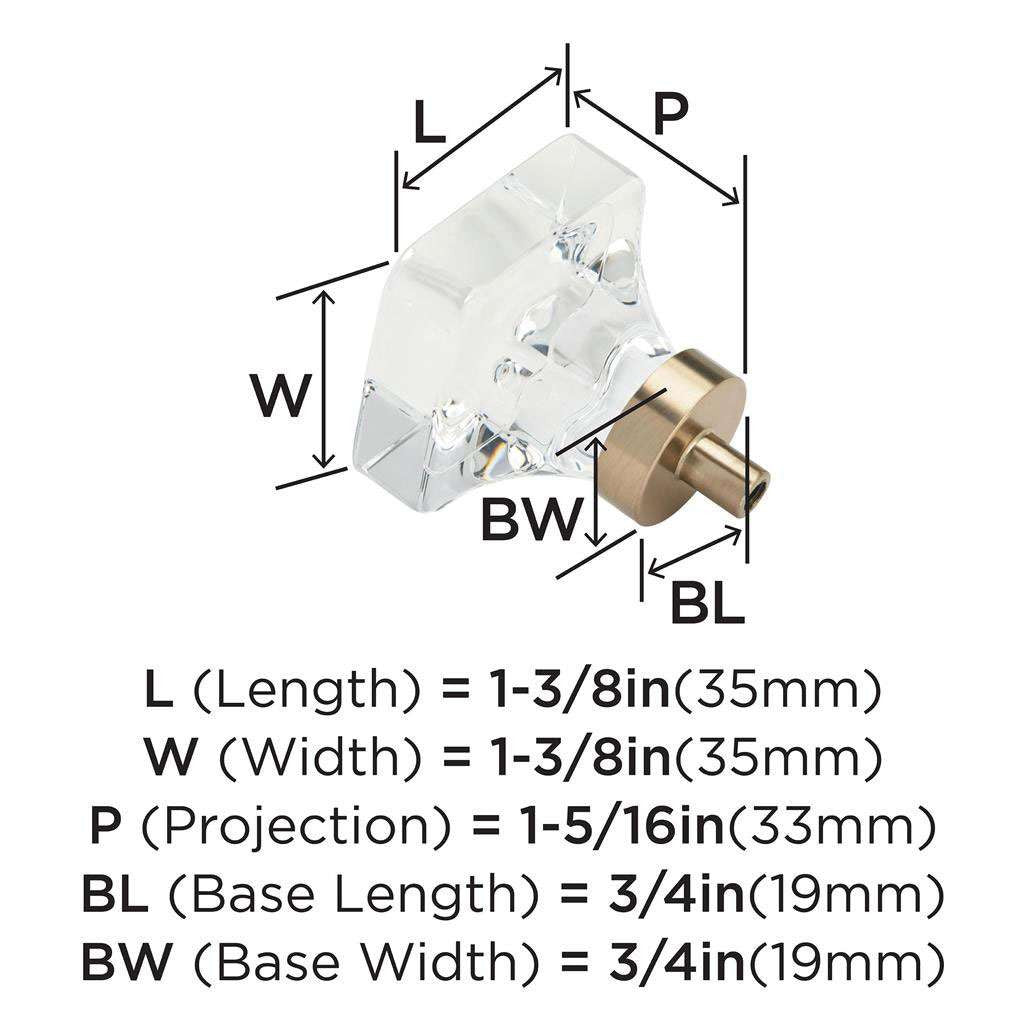 AMEROCK Glacio 1-3/8" Length Glass Square Cabinet Knob in Clear and Champagne Bronze BP36653CCZ Specs