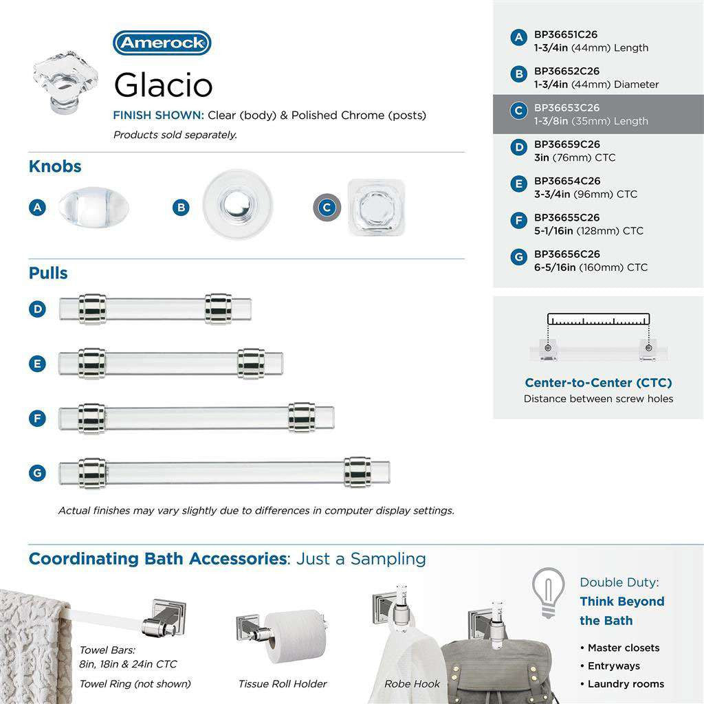 AMEROCK Glacio 1-3/8" Length Glass Square Cabinet Knob in Clear and Chrome BP36651C26 Collection