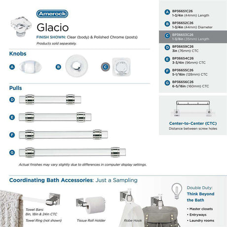 AMEROCK Glacio 1-3/8" Length Glass Square Cabinet Knob in Clear and Chrome BP36651C26 Collection