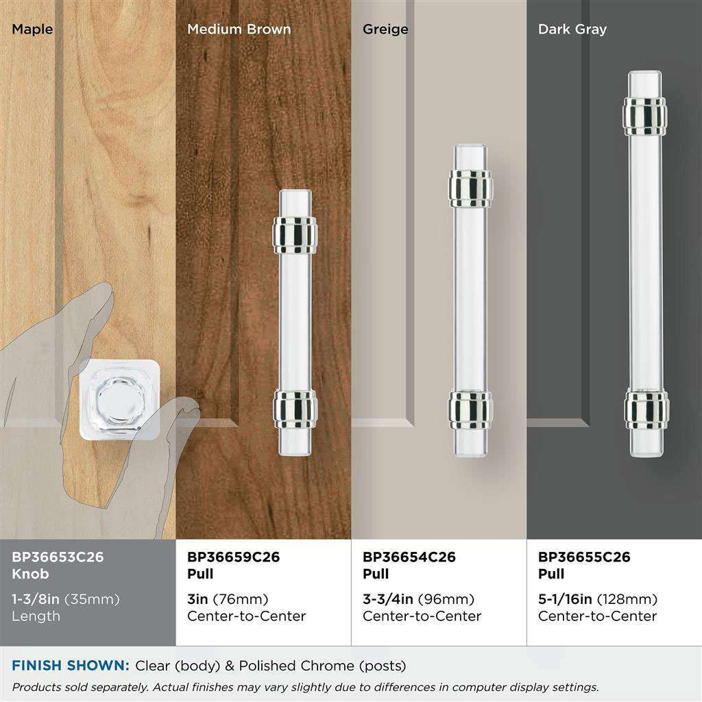 AMEROCK Glacio 1-3/8" Length Glass Square Cabinet Knob in Clear and Chrome BP36651C26 Finishes