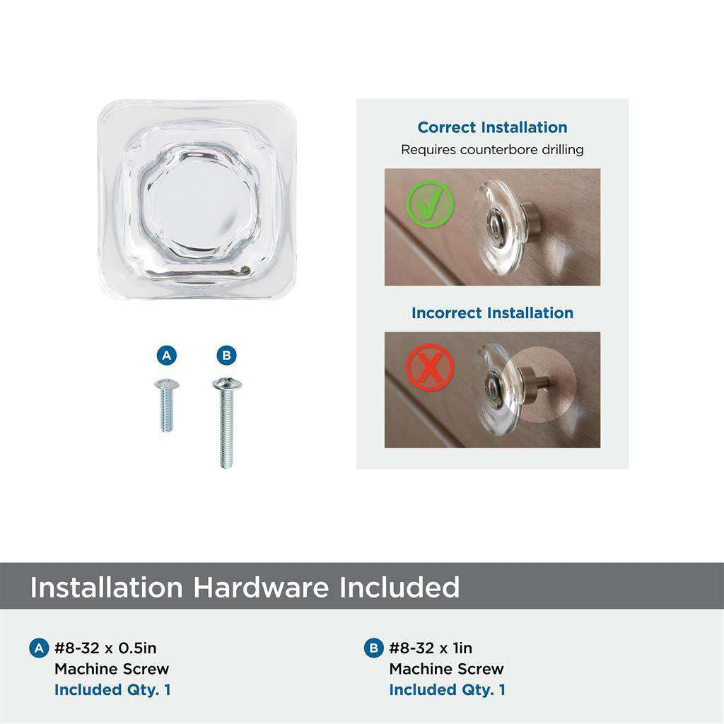 AMEROCK Glacio 1-3/8" Length Glass Square Cabinet Knob in Clear and Chrome BP36651C26 Installation