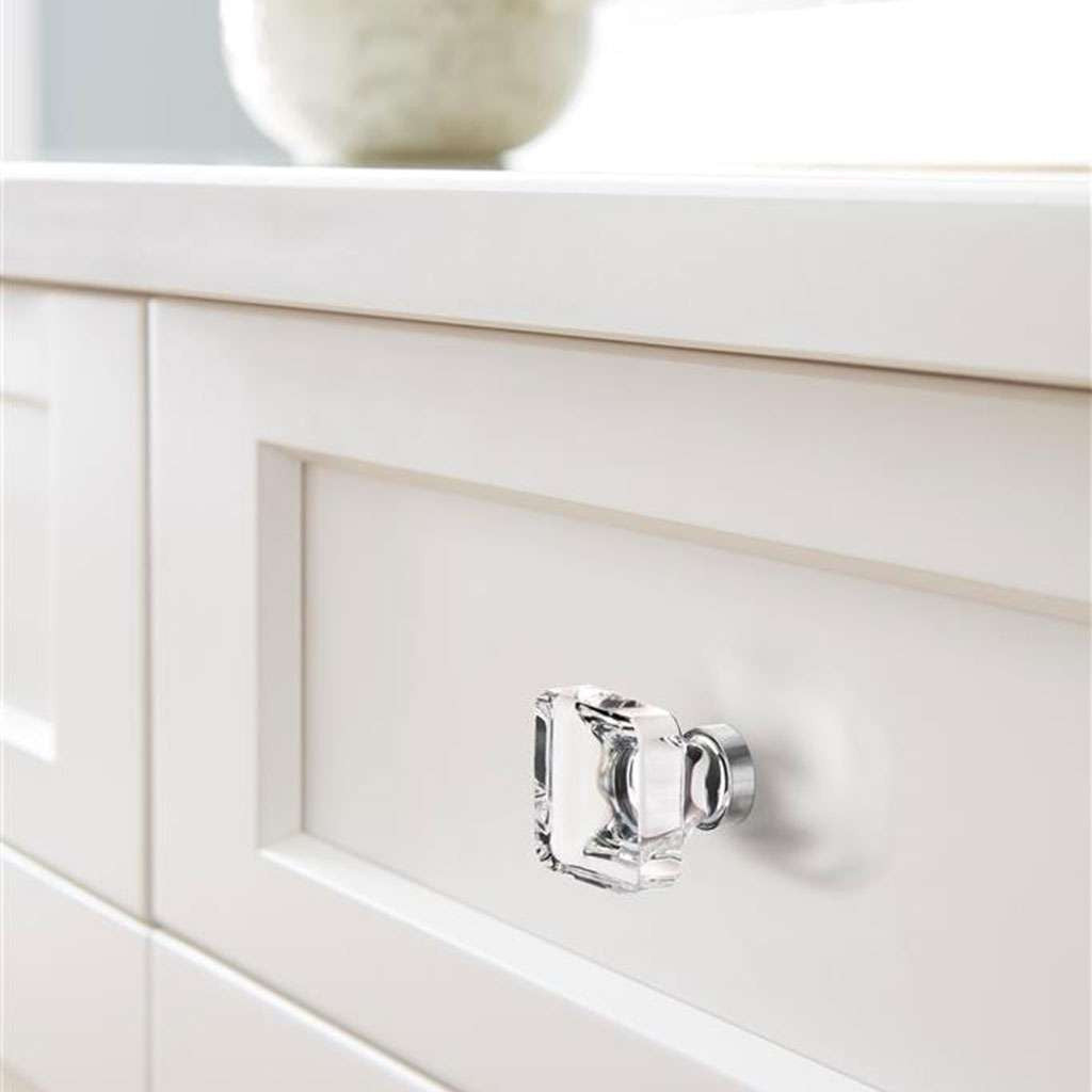 AMEROCK Glacio 1-3/8" Length Glass Square Cabinet Knob in Clear and Chrome BP36651C26 Mounted