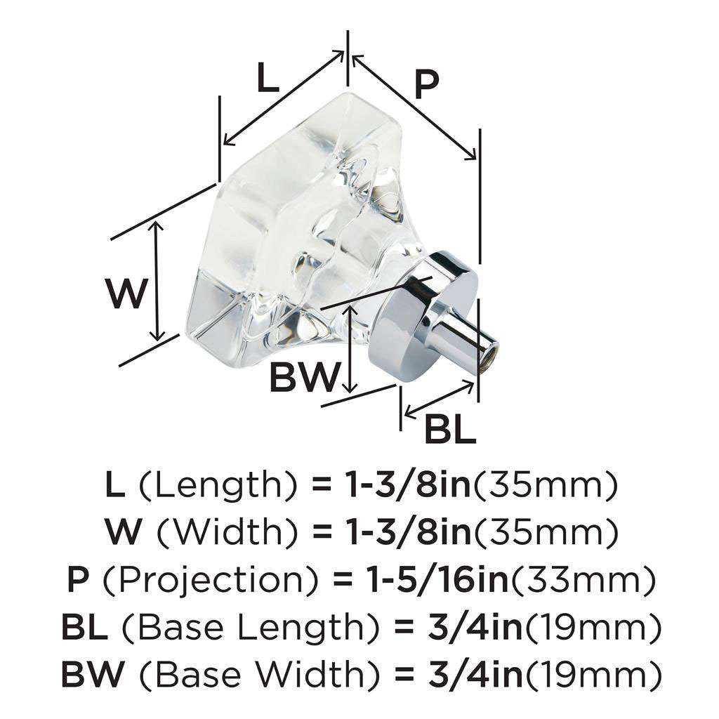 AMEROCK Glacio 1-3/8" Length Glass Square Cabinet Knob in Clear and Chrome BP36651C26 Specs