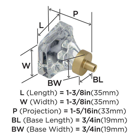 AMEROCK Glacio 1-3/8" Length Glass Square Cabinet Knob in Clear and Golden Champagne BP36653CBBZ Specs