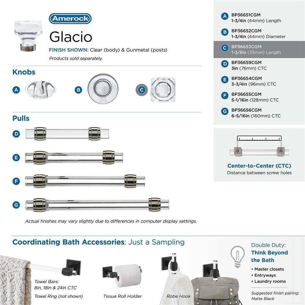 AMEROCK Glacio 1-3/8" Length Glass Square Cabinet Knob in Clear and Gunmetal BP36651CGM Collection