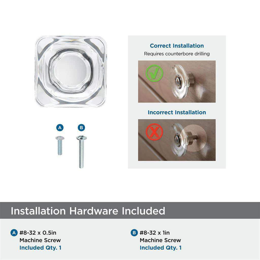 AMEROCK Glacio 1-3/8" Length Glass Square Cabinet Knob in Clear and Gunmetal BP36651CGM Installation Hardware