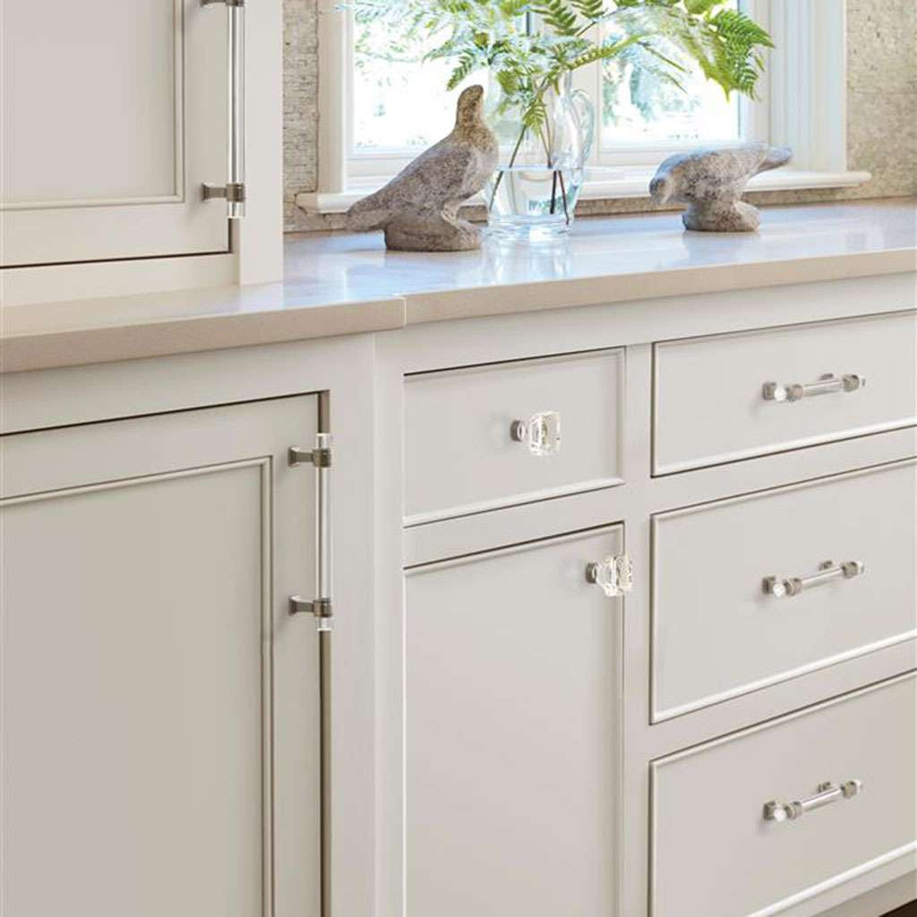 AMEROCK Glacio 1-3/8" Length Glass Square Cabinet Knob in Clear and Gunmetal BP36651CGM on White