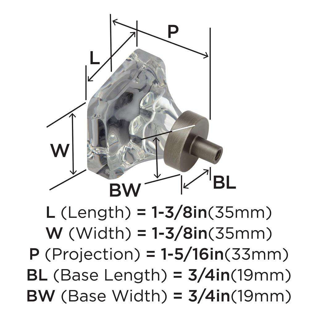 AMEROCK Glacio 1-3/8" Length Glass Square Cabinet Knob in Clear and Gunmetal BP36651CGM Specs