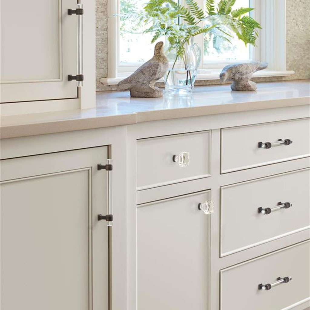 AMEROCK Glacio 1-3/8" Length Glass Square Cabinet Knob in Clear and Oil Rubbed Bronze BP36651CORB on Cream