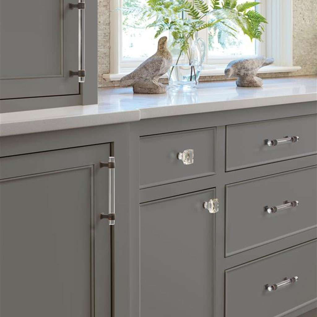 AMEROCK Glacio 1-3/8" Length Glass Square Cabinet Knob in Clear and Oil Rubbed Bronze BP36651CORB on Gray