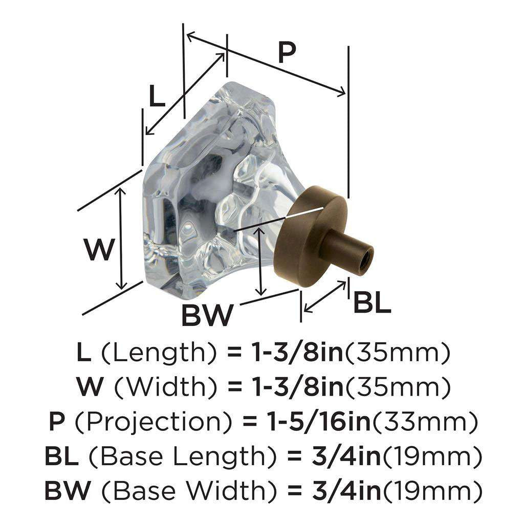 AMEROCK Glacio 1-3/8" Length Glass Square Cabinet Knob in Clear and Oil Rubbed Bronze BP36651CORB Specs