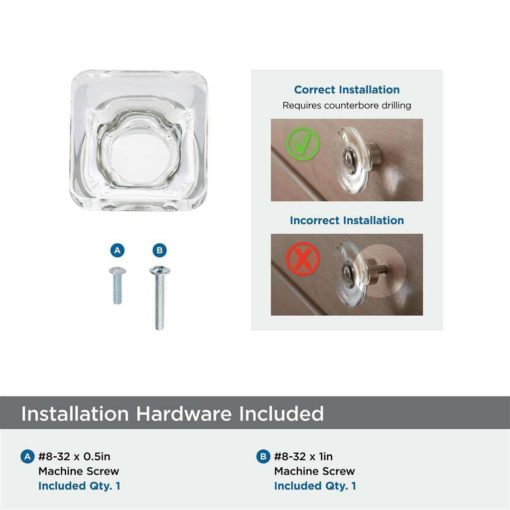 AMEROCK Glacio 1-3/8" Length Glass Square Cabinet Knob in Clear and Polished Nickel BP36651CPN Installation Hardware