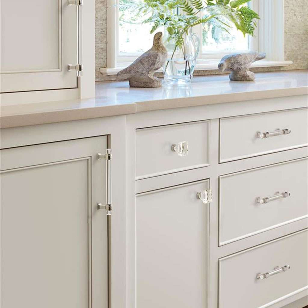 AMEROCK Glacio 1-3/8" Length Glass Square Cabinet Knob in Clear and Polished Nickel BP36651CPN on Cream