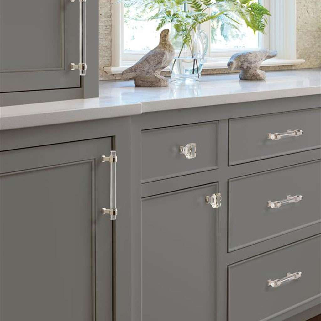 AMEROCK Glacio 1-3/8" Length Glass Square Cabinet Knob in Clear and Polished Nickel BP36651CPN on Gray