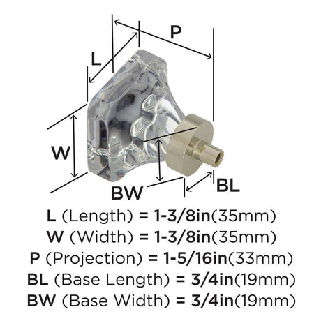 AMEROCK Glacio 1-3/8" Length Glass Square Cabinet Knob in Clear and Polished Nickel BP36651CPN Specs