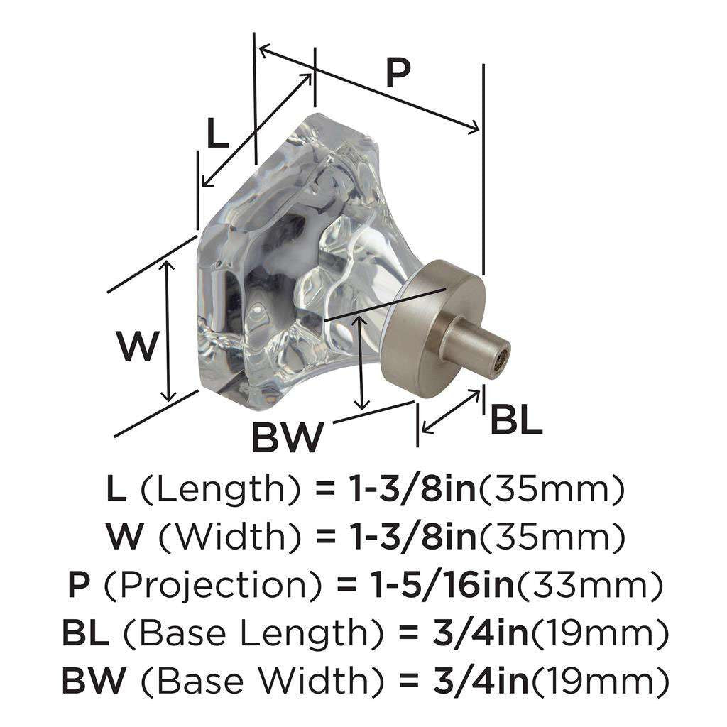 AMEROCK Glacio 1-3/8" Length Glass Square Cabinet Knob in Clear and Satin Nickel BP36651CG10 Specs