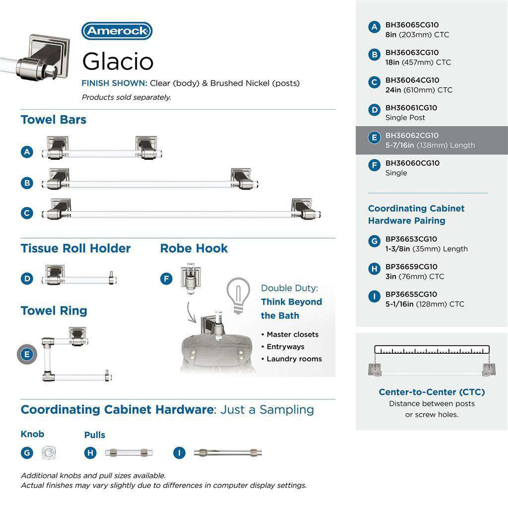 AMEROCK Glacio 5-7/16" Length Hanging Towel Ring in Clear and Brushed Nickel BH36062CG10 Collection