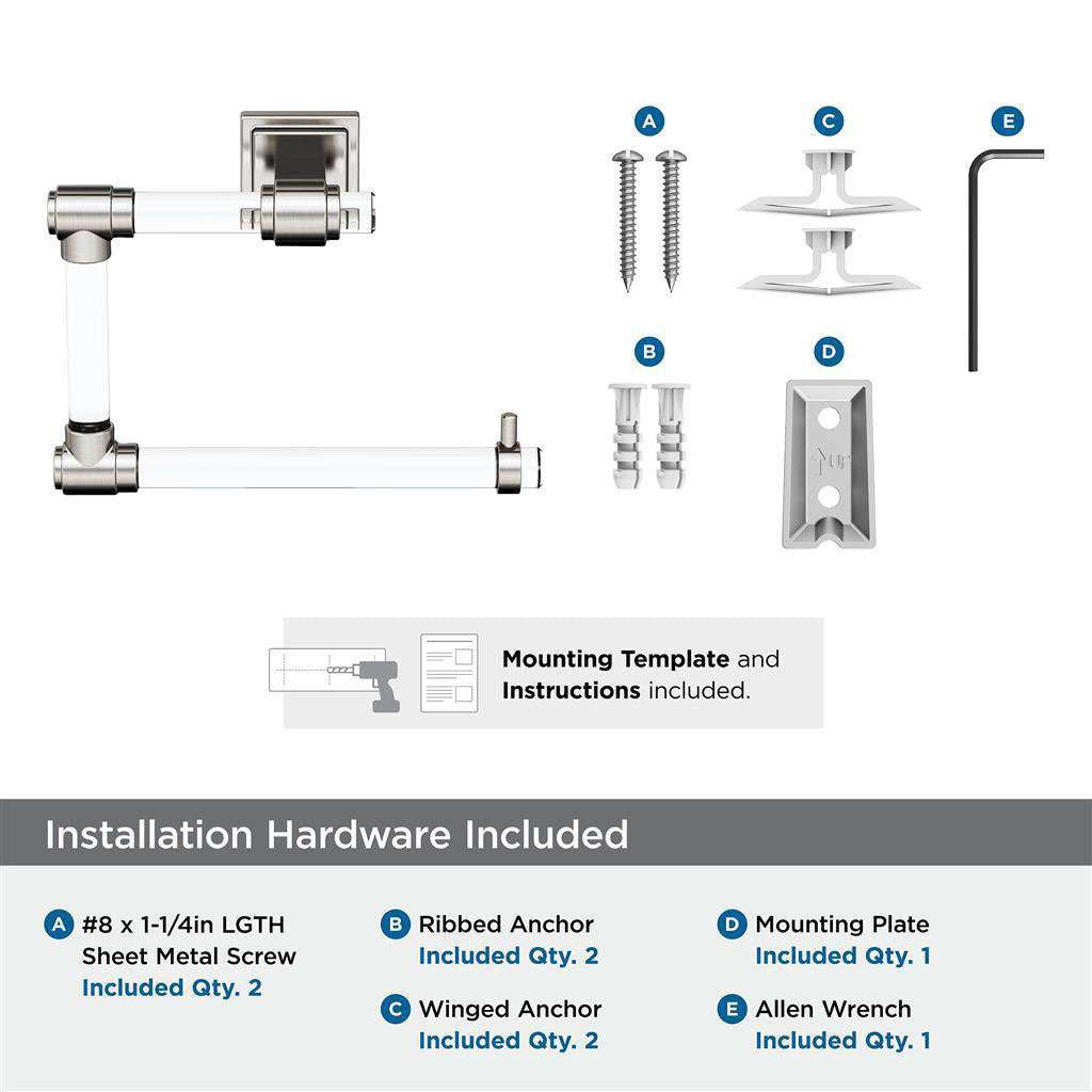 AMEROCK Glacio 5-7/16" Length Hanging Towel Ring in Clear and Brushed Nickel BH36062CG10 Installation Hardware