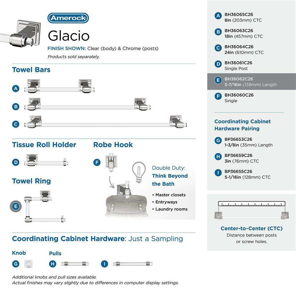 AMEROCK Glacio 5-7/16" Length Hanging Towel Ring in Clear and Chrome BH36062C26 Collection