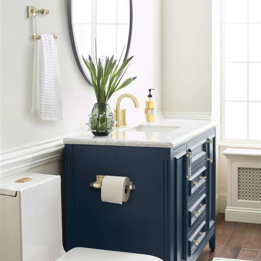 AMEROCK Glacio 5-7/16" Length Hanging Towel Ring in Clear and Golden Champagne BH36062CBBZ in Blue Bathroom