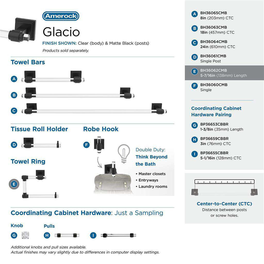 AMEROCK Glacio 5-7/16" Length Hanging Towel Ring in Clear and Matte Black BH36062CMB Collection