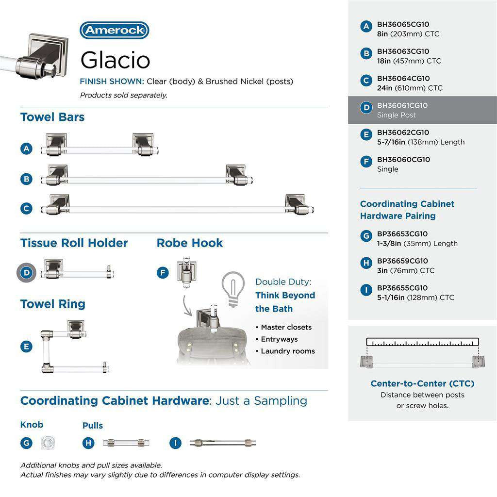 AMEROCK Glacio Single Post Toilet Paper Holder in Clear and Brushed Nickel BH36061CG10 Collection