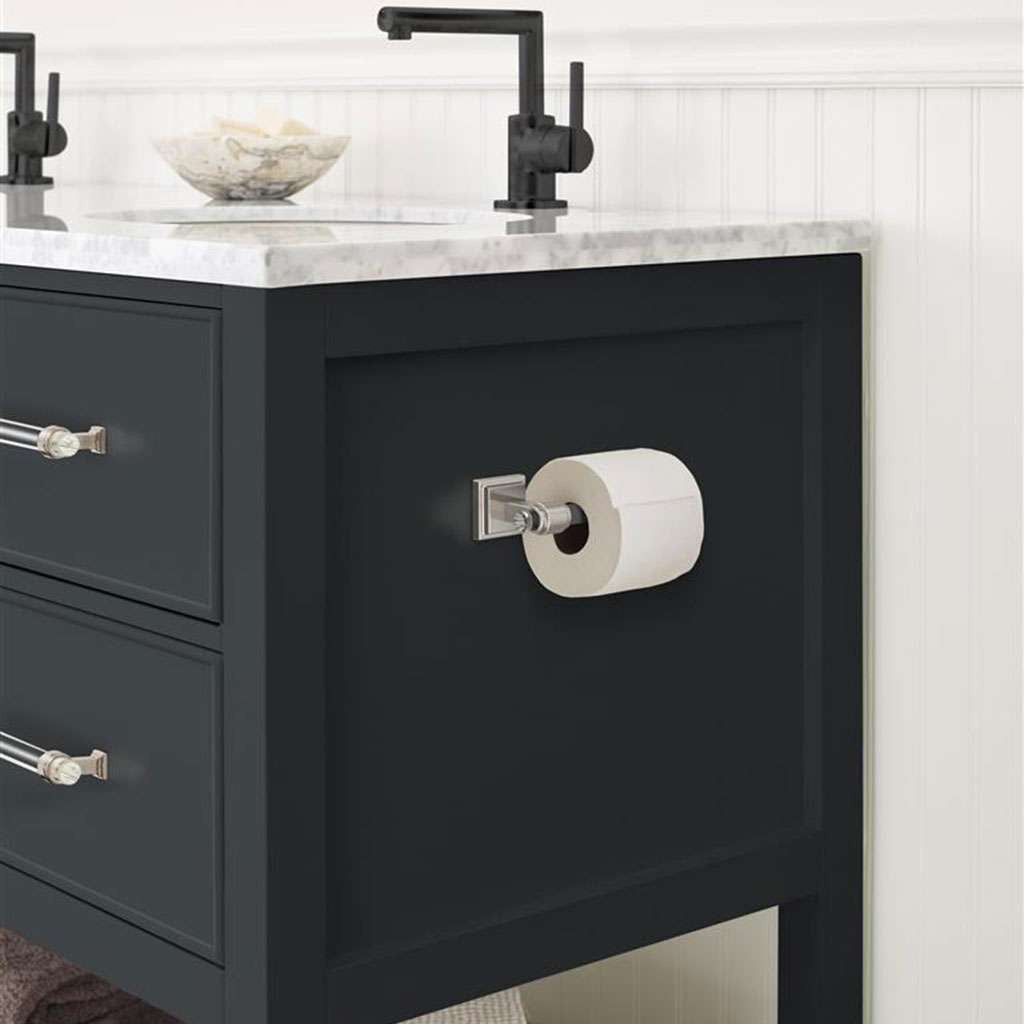 AMEROCK Glacio Single Post Toilet Paper Holder in Clear and Brushed Nickel BH36061CG10 in Black Bathroom