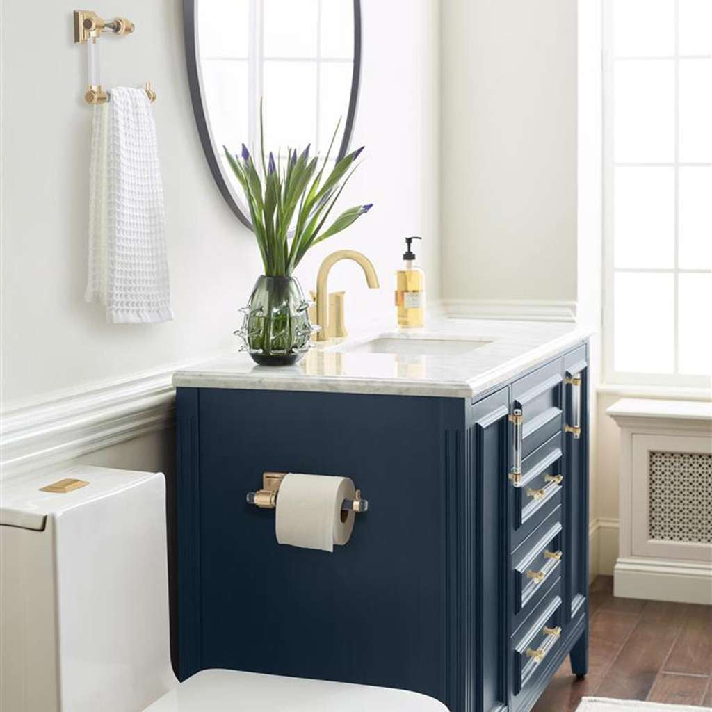 AMEROCK Glacio Single Post Toilet Paper Holder in Clear and Champagne Bronze BH36061CCZ in Blue Bathroom