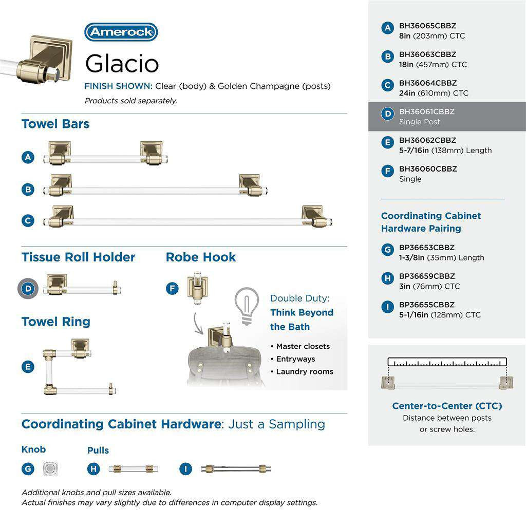 AMEROCK Glacio Single Post Toilet Paper Holder in Clear and Golden Champagne BH36061CBBZ Collection