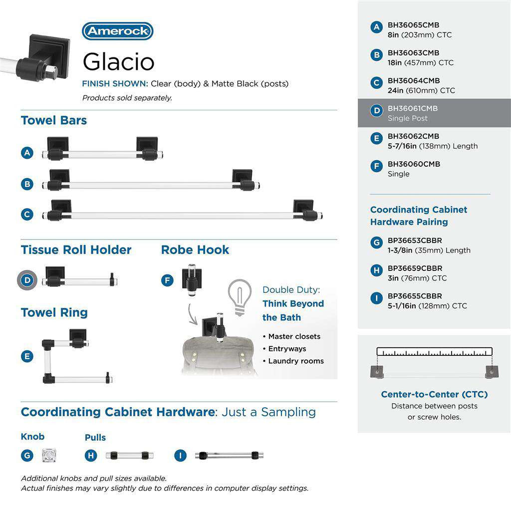 AMEROCK Glacio Single Post Toilet Paper Holder in Clear and Matte Black BH36061CMB Collection