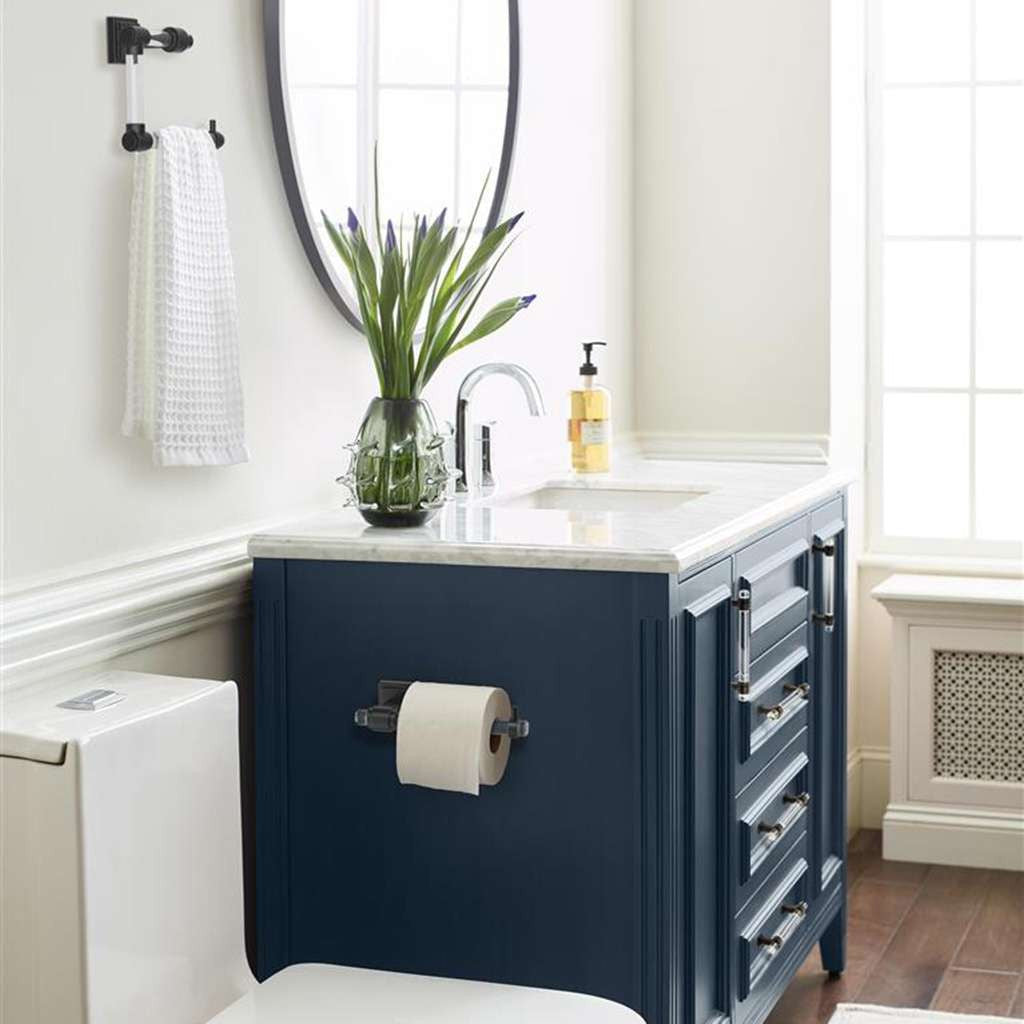 AMEROCK Glacio Single Post Toilet Paper Holder in Clear and Matte Black BH36061CMB in Blue Bathroom