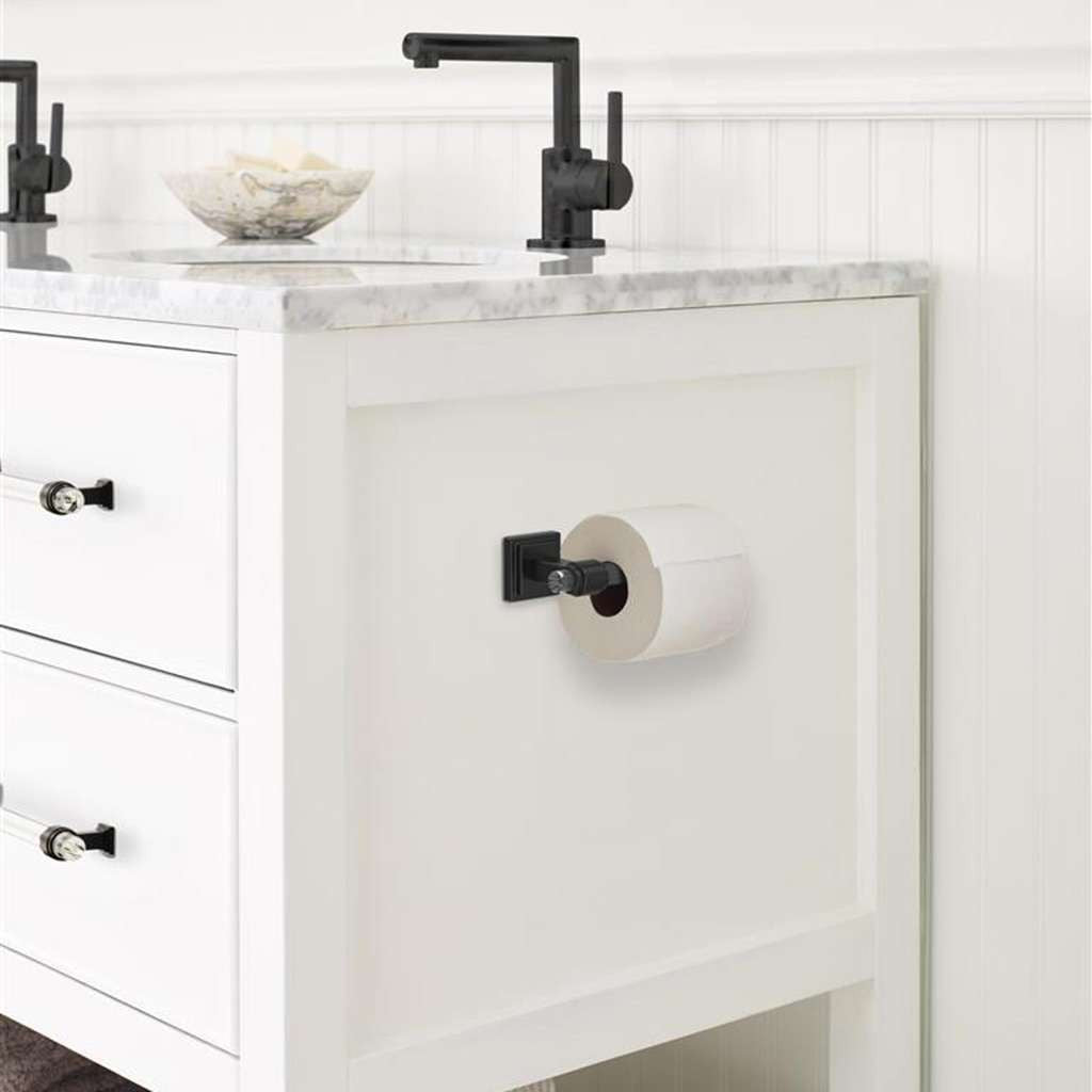 AMEROCK Glacio Single Post Toilet Paper Holder in Clear and Matte Black BH36061CMB in White Bathroom