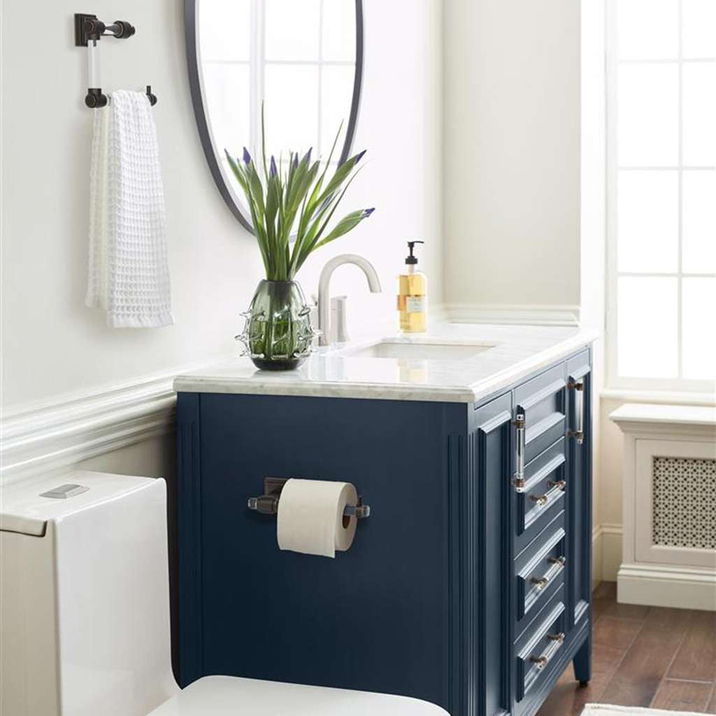 AMEROCK Glacio Single Post Toilet Paper Holder in Clear and Oil Rubbed Bronze BH36061CORB in Blue Bathroom