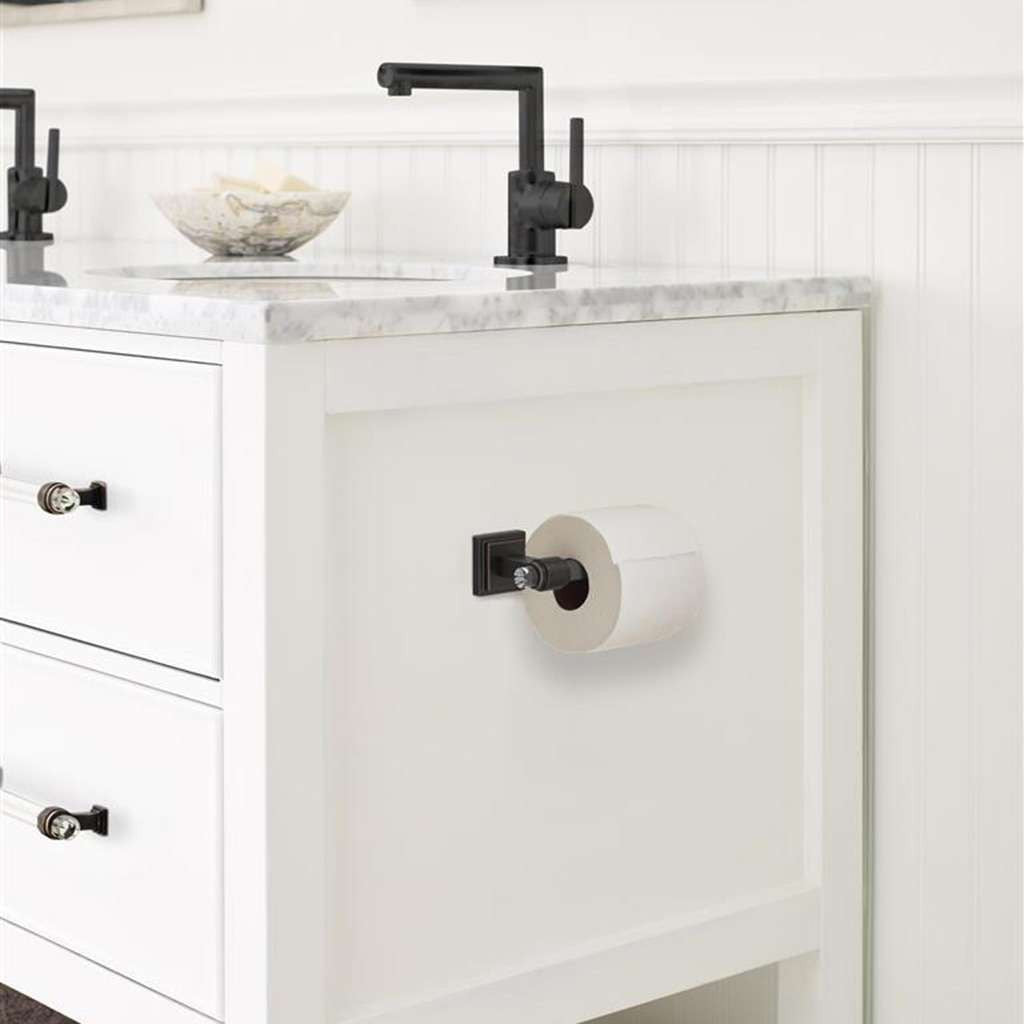 AMEROCK Glacio Single Post Toilet Paper Holder in Clear and Oil Rubbed Bronze BH36061CORB in White Bathroom