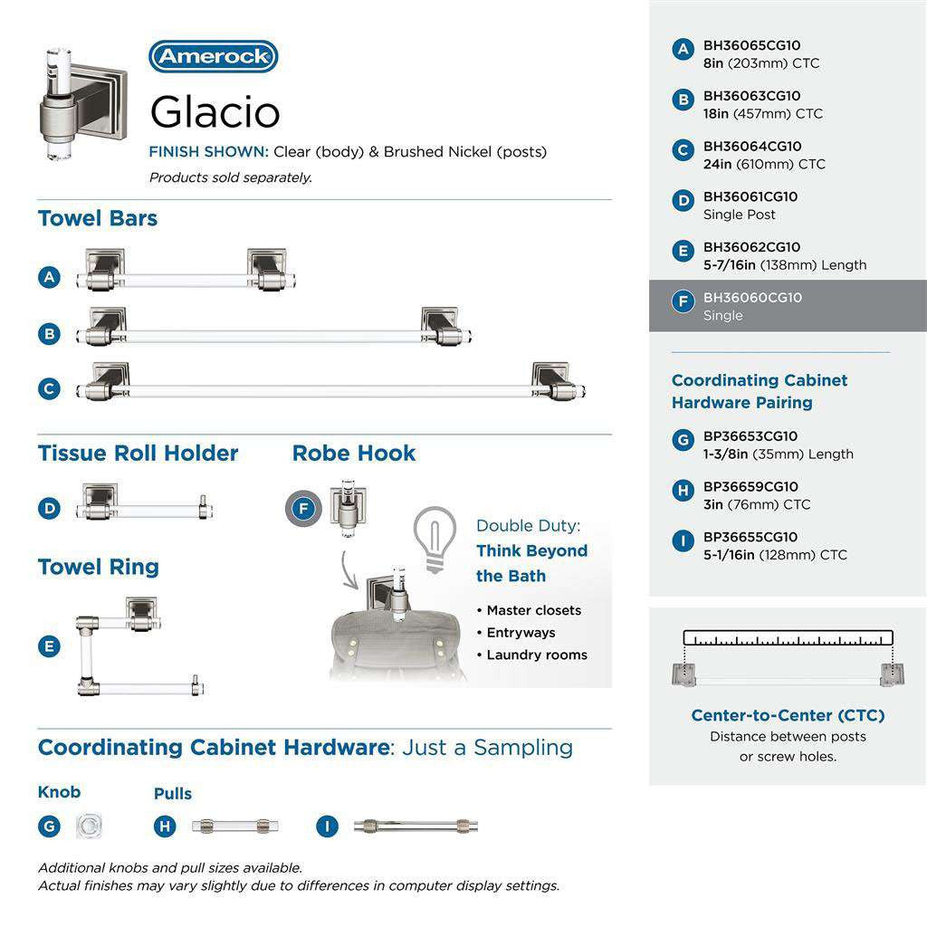 Amerock Glacio Single Prong Hook in Clear and Brushed Nickel BH36060CG10 Collection