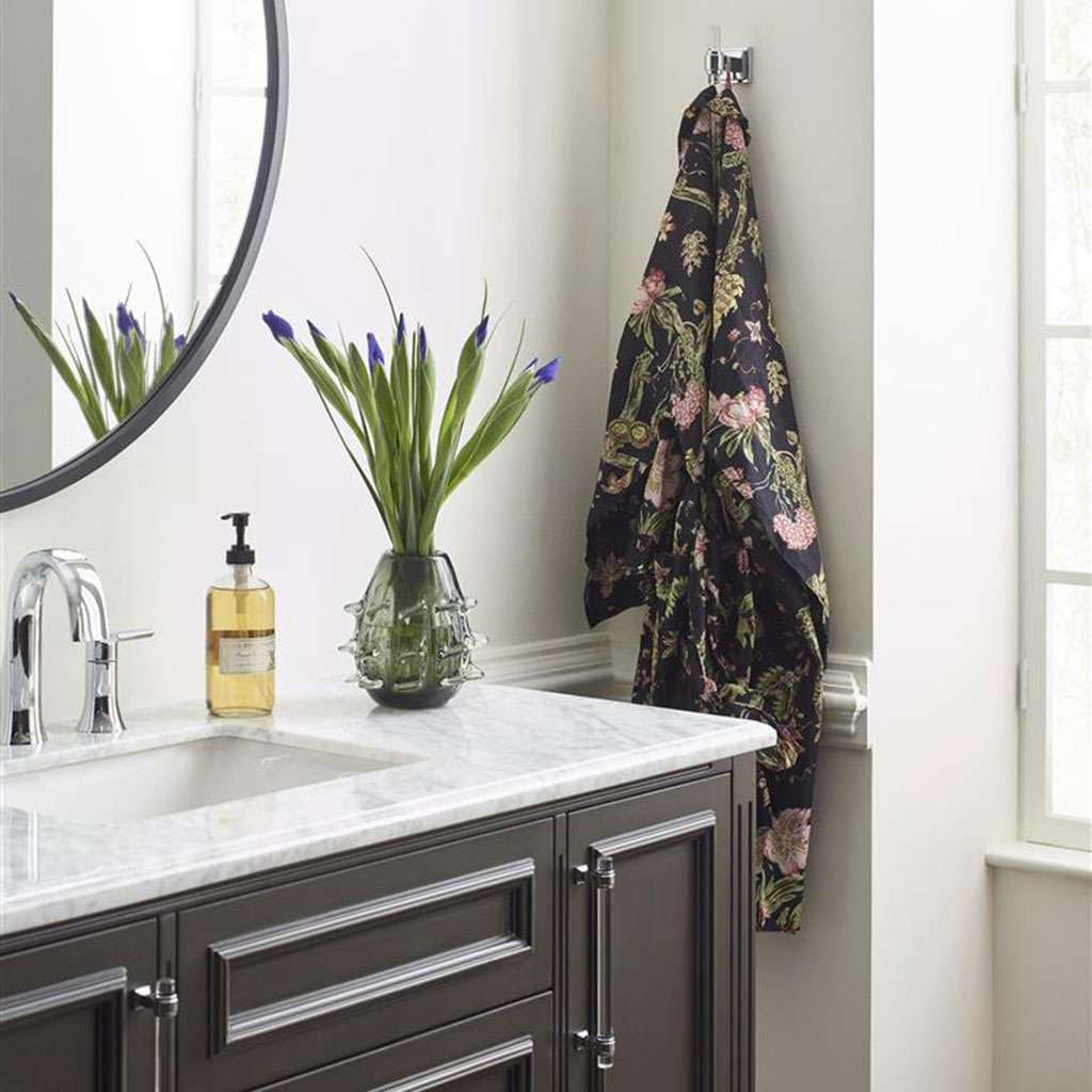 AMEROCK Glacio Single Prong Hook in Clear and Chrome BH36060C26 in Dark Bathroom