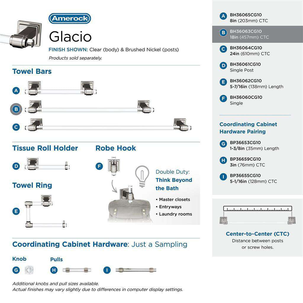 AMEROCK Glacio Towel Bar in Clear and Brushed Nickel 18" BH36063CG10 Collection