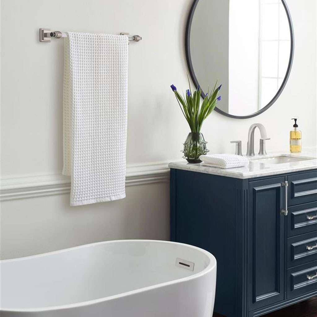 AMEROCK Glacio Towel Bar in Clear and Brushed Nickel 18" BH36063CG10 in Blue Bathroom