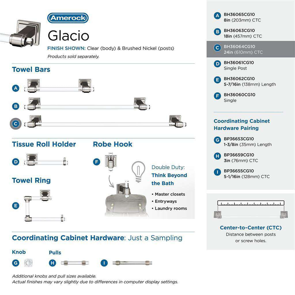 AMEROCK Glacio Towel Bar in Clear and Brushed Nickel 24" BH36064CG10 Collection