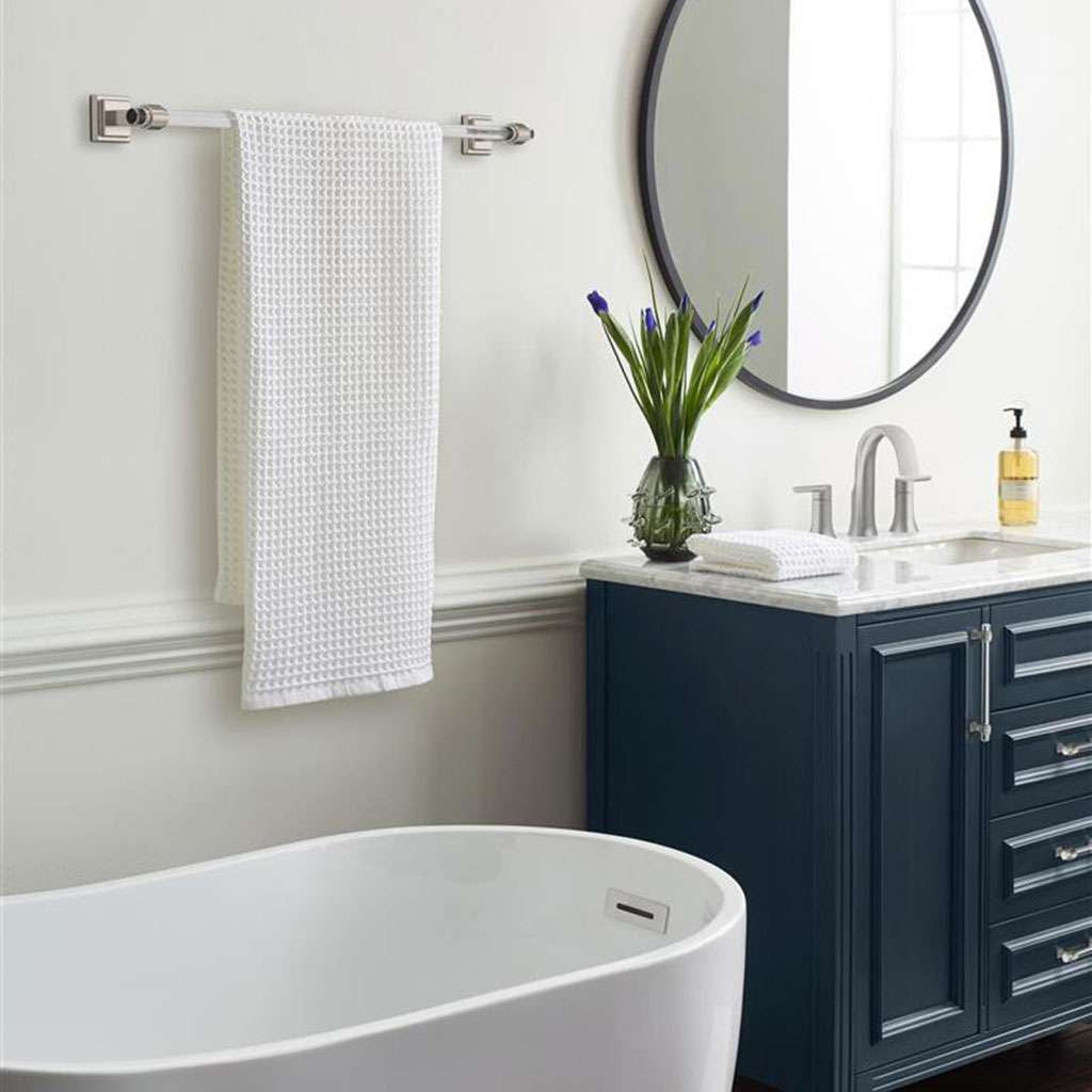 AMEROCK Glacio Towel Bar in Clear and Brushed Nickel 24" BH36064CG10 in Blue Bathroom
