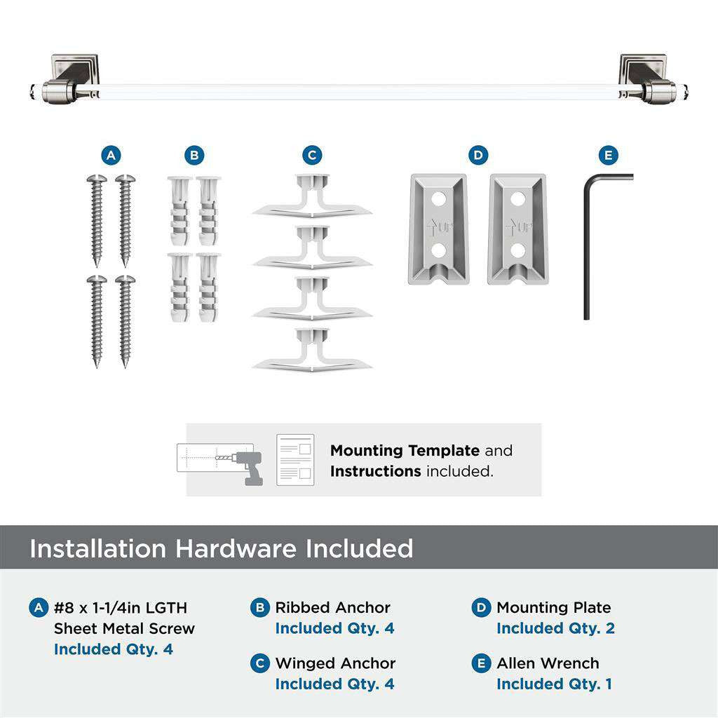 AMEROCK Glacio Towel Bar in Clear and Brushed Nickel 24" BH36064CG10 Installation Hardware