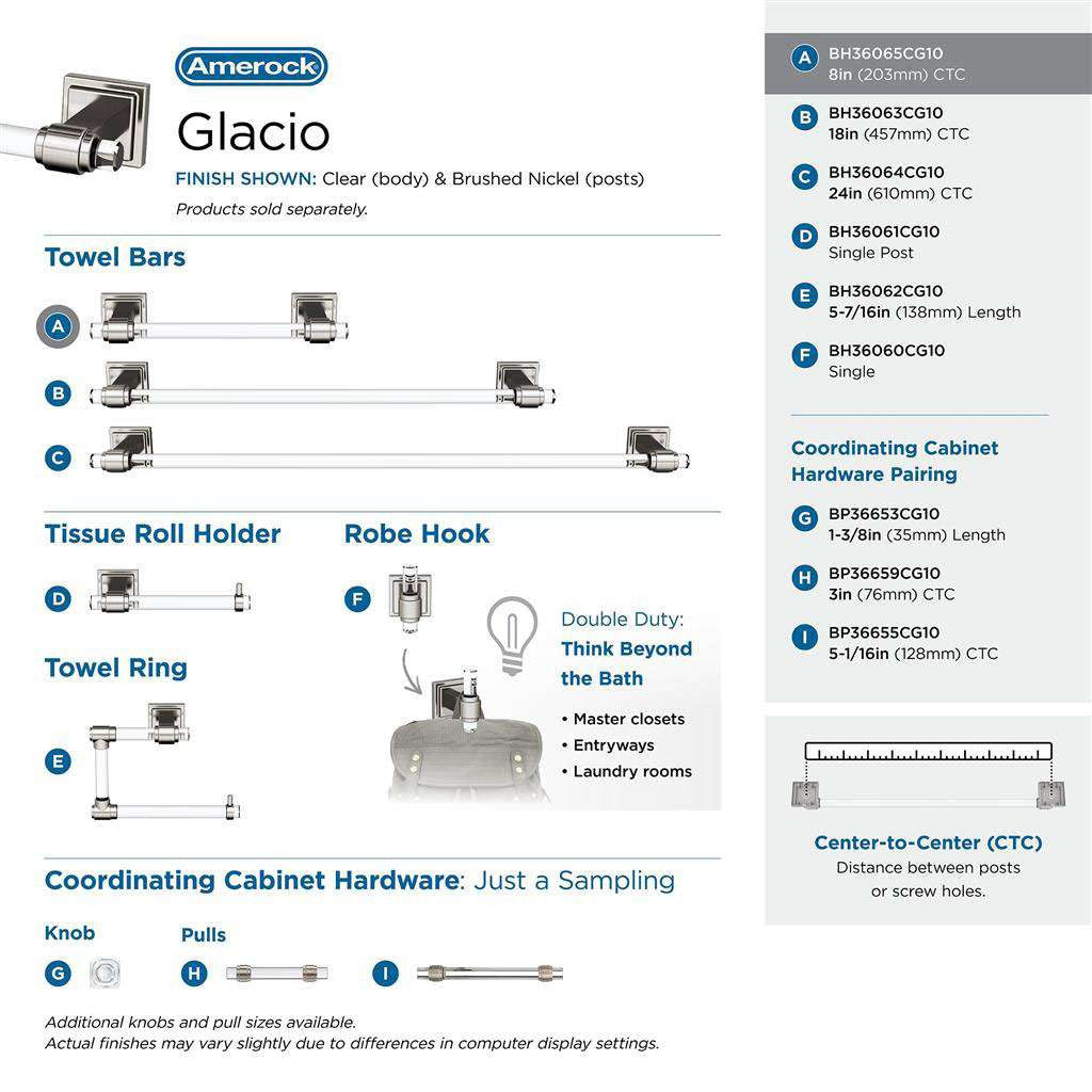 AMEROCK Glacio Towel Bar in Clear and Brushed Nickel 8" BH36065CG10 Collection