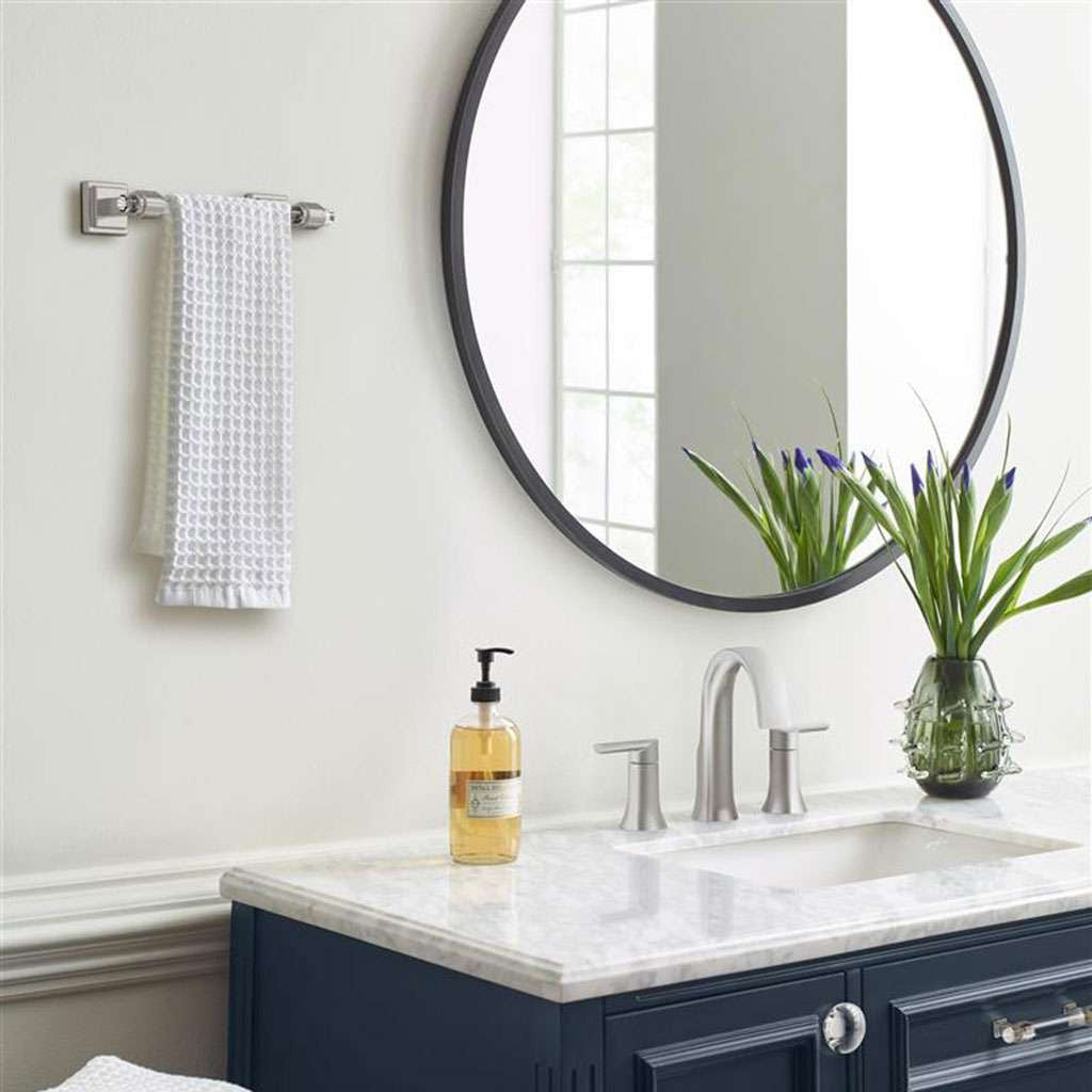 AMEROCK Glacio Towel Bar in Clear and Brushed Nickel 8" BH36065CG10 in Blue Bathroom