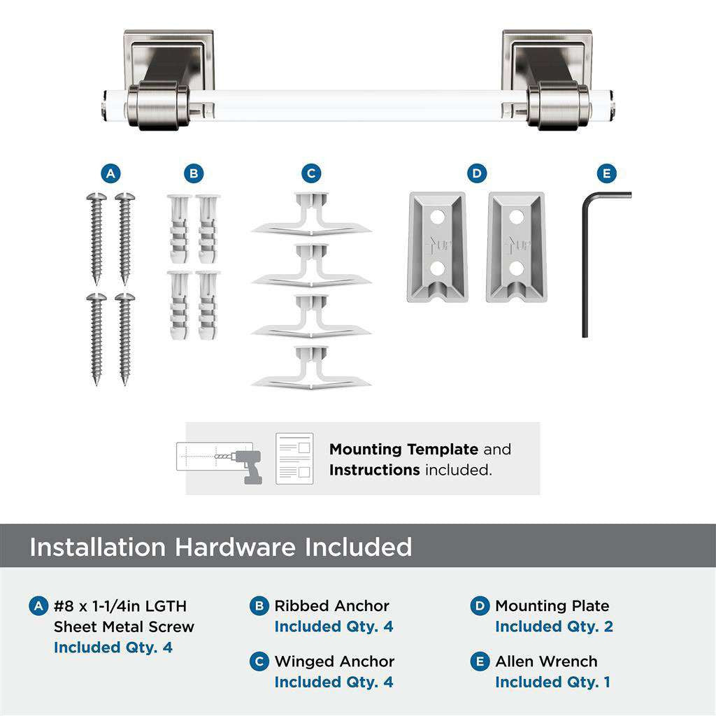 AMEROCK Glacio Towel Bar in Clear and Brushed Nickel 8" BH36065CG10 Installation Hardware