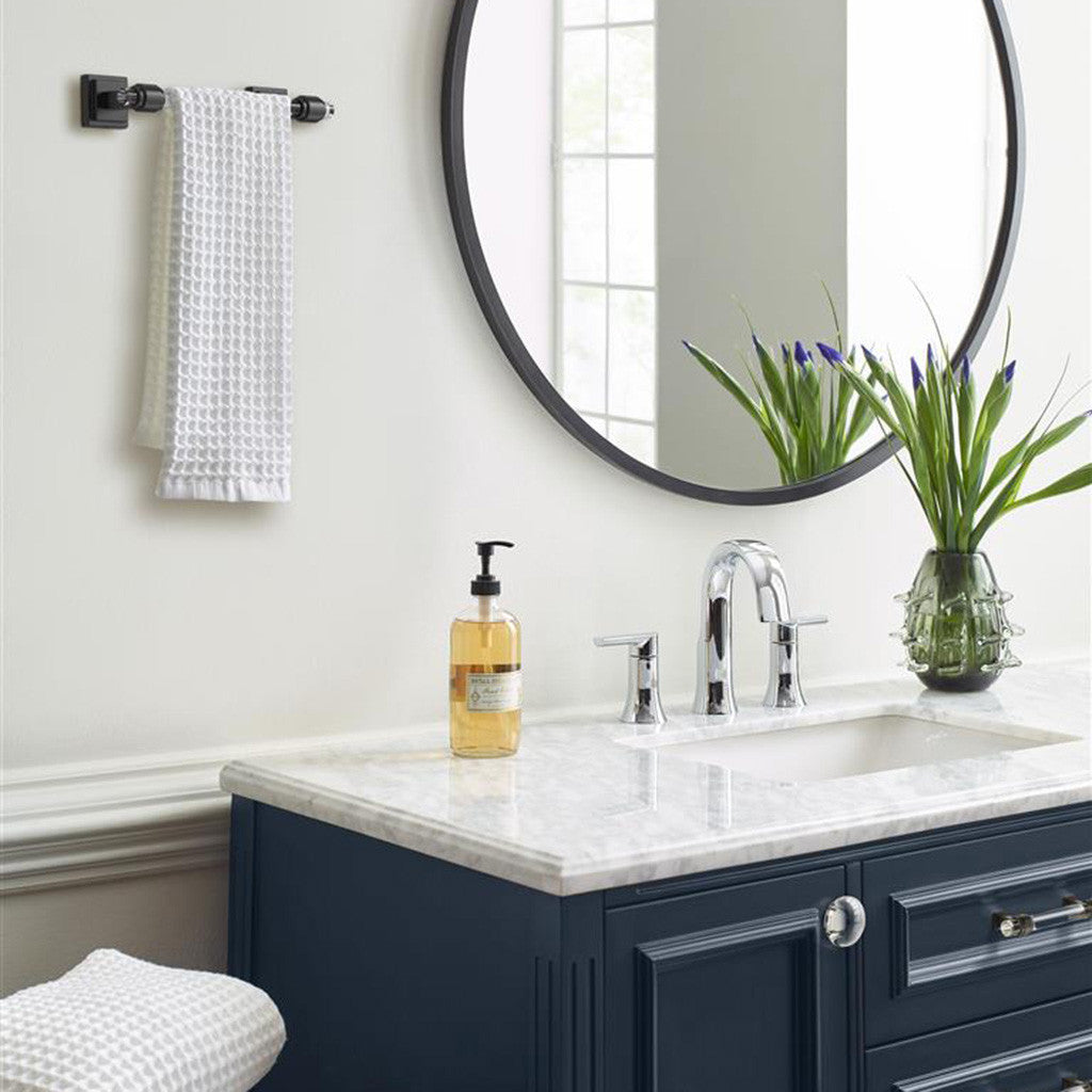 AMEROCK Glacio Towel Bar in Clear and Matte Black 8" BH36065CMB in Blue Bathroom